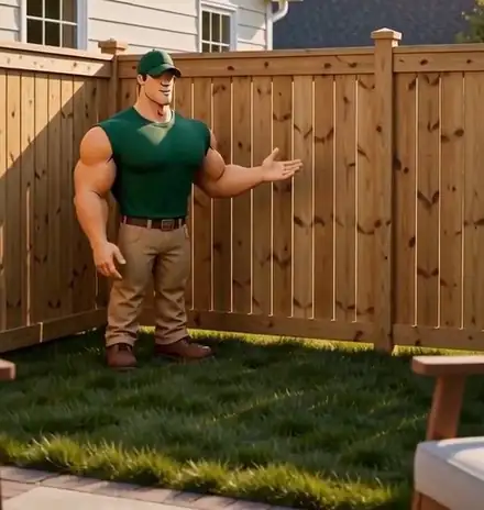 Big Jerry mascot beside a finished wood fence